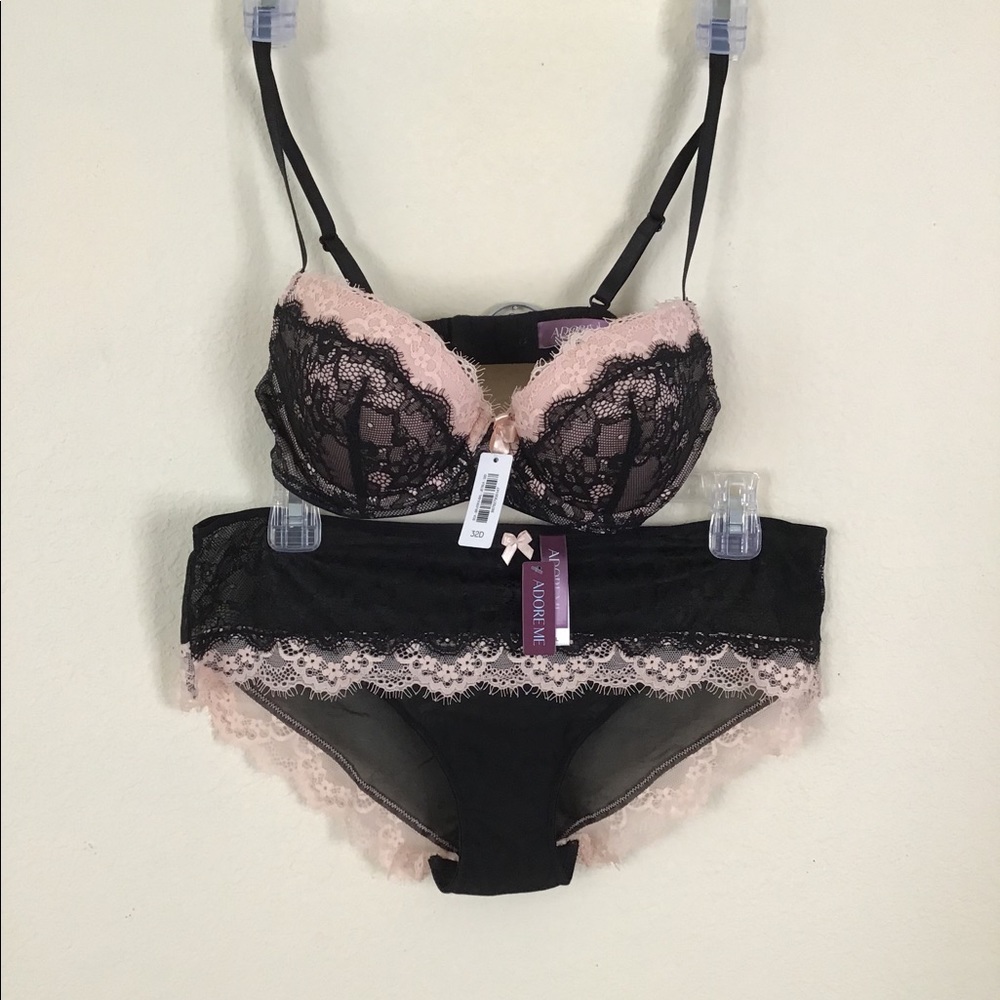 Adore Me Black & Rose Layered Lace Bra & Hipster